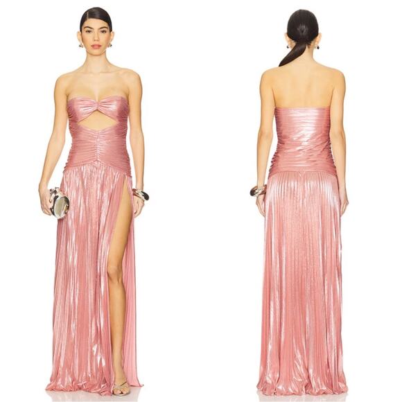 Retrofete Mallory Strapless Cutout Ruched Pleated Metallic Pink Maxi Dress Sz XS - Picture 1 of 10